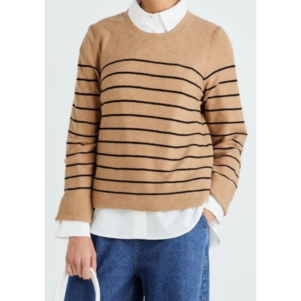 Gap Bella Women's Crewneck Tunic Sweater Long Sleeve Beige‎ Stripe Medium